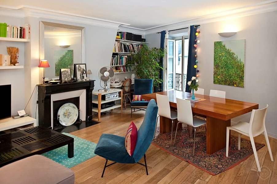 Dining Area and Living Room with Window View Chic Saint Germain apartment Paris