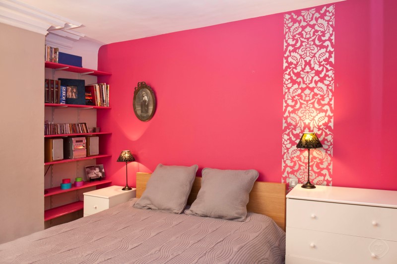 Bedroom with Bookshelves Chic Saint Germain apartment Paris